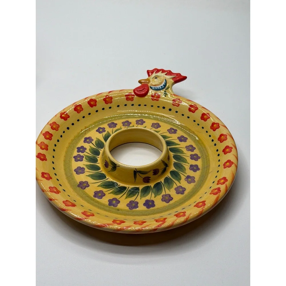 Dario Farrucci Design Yellow‎ Floral Rooster 2 Tier Ceramic Serving Stand Tray